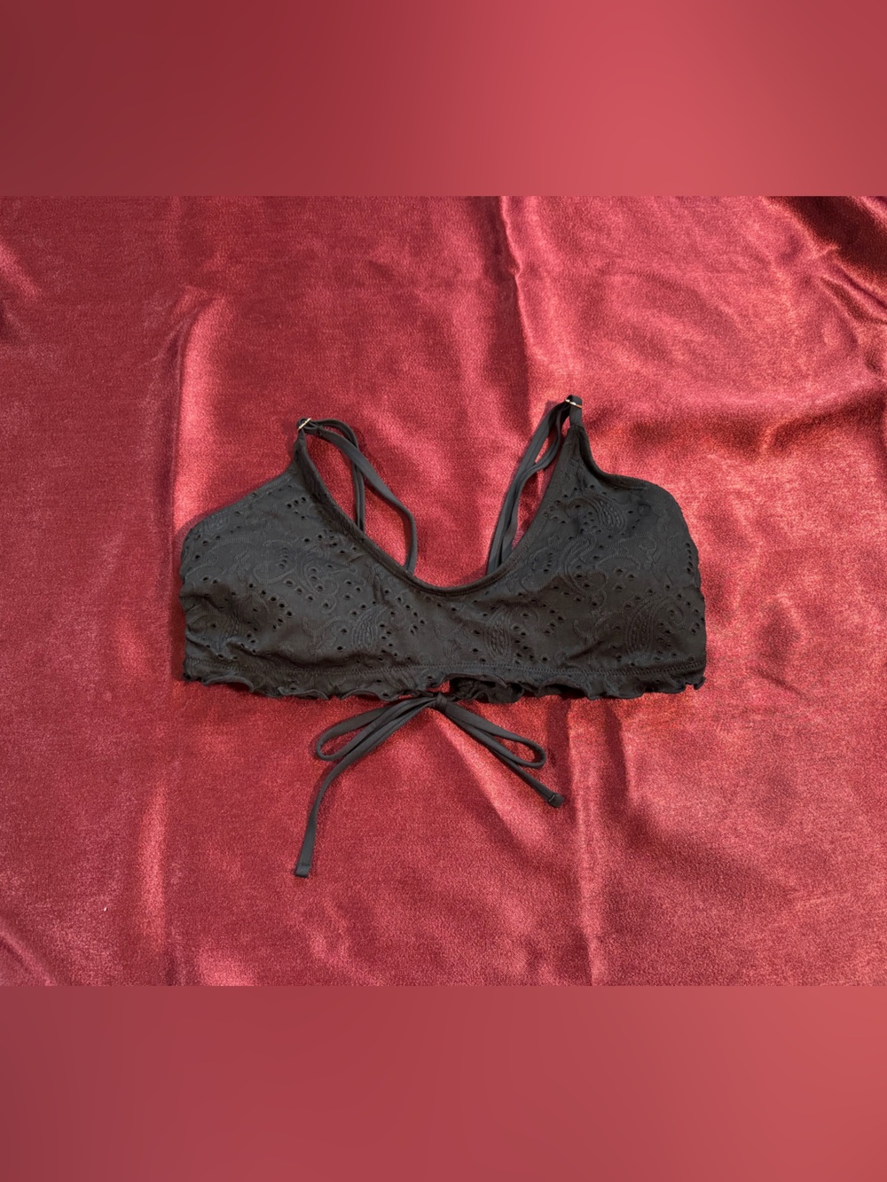 Celebrity Pink Black Eyelet Lace Swim Top with Tie Back